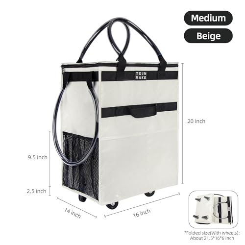 Reusable Grocery Bag with Wheels, Medium Beige Rolling Tote - color: Beige, size: Medium
