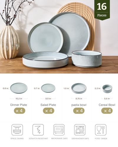 Famiware Annecy 16-Piece Dinnerware Set with Pasta Bowls, Grey Blue - color: Grey Blue, size: Service for 4 (Include Pasta Bowls)