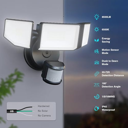 Abovizo 85W Motion Sensor Outdoor Light, 8500LM Ultra-Bright LED Security Light with 3 Adjustable Heads, IP65 Waterproof Dusk to Dawn Flood Light for Garage, Yard, and Driveway, 6500K Daylight, Black - color: Black