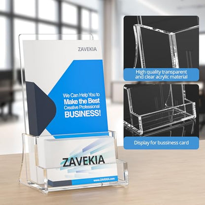 zavekia 2 Pack Acrylic Brochure Holder With business card holder, 4 x 9 inches Clear Acrylic Literature Holder Plastic Flyer Display Stand