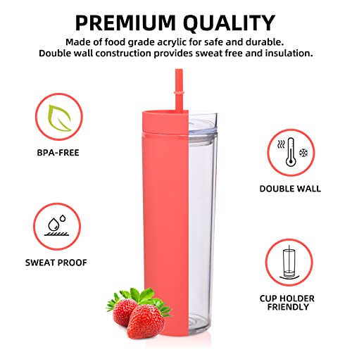 Volhoply 20oz Tumbler with Lid and Straw 8 Pack,Double Wall Plastic Skinny Tumblers Bulk,Reusable Travel Cute Coffee Mug,BPA Free Matte Acrylic Water Cups with Straw for Party,DIY Gifts(Red, 8 Set) - color: Red