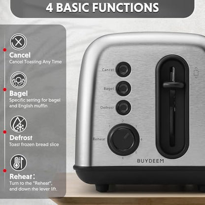 BUYDEEM DT420 2-Slice Toaster, 6 Shade Settings, 1.5" Wide Slots, Silver - size: 2-Slice