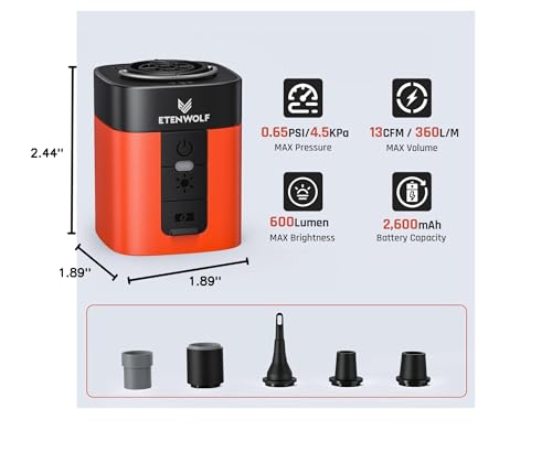 ETENWOLF AIR 3 Air Pump for Inflatables with 2600mAh Battery& Camping Light - color: Vivid Orange
