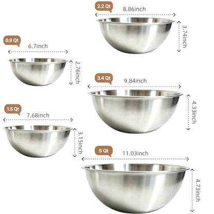 5‑Piece Stainless Steel Mixing Bowls Set, 0.9Qt - 5Qt Nestable Stackable Bowls, Dishwasher Safe, Multipurpose Prep Bowls for Apartment, Family & Camping