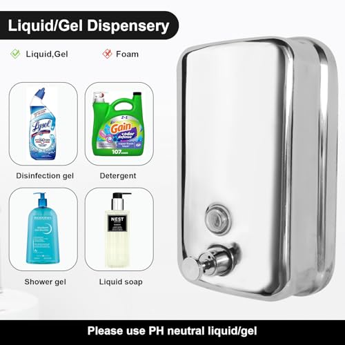 Heavy Duty Soap Dispenser Wall Mount Stainless Steel Soap Dispenser Manual Liquid Pump Rust-Proof Leak Free Pump for Commercial & Home Kitchen Bathroom (34 fl.oz./1000ml)