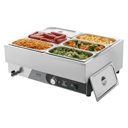 VEVOR Commercial Food Warmer, 1500W Electric Stainless Steel Steam Food Warming with Lid, Fast Heating Countertop Buffet Bain Marie with Six 1/3 Size Food Pans, for Catering, Restaurant and Party - size: 6*1/3Pan;15CM Depth