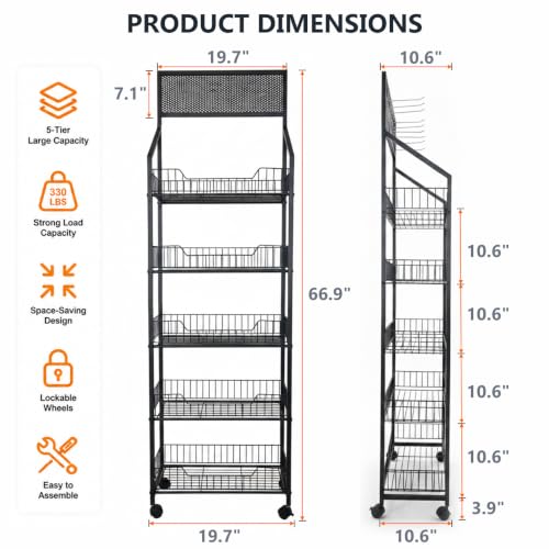 5 Tier Snack Rack Display Stand, Chip Rack Display Stand with Wheels