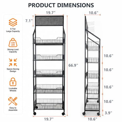 5 Tier Snack Rack Display Stand, Chip Rack Display Stand with Wheels