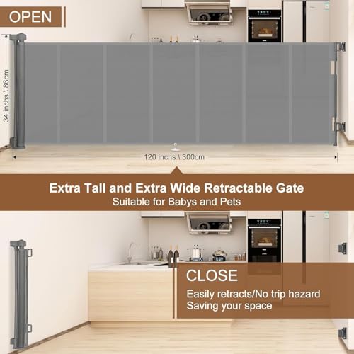 Miumoon 100 inch Reinforced Retractable Baby Gates 34 inch Tall - color: Gray, size: 34" Tall x 100" Wide