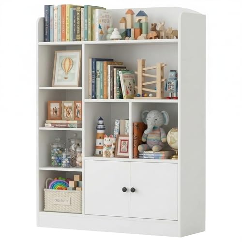 DIYART White Kids Bookshelf, Kids Bookcase with 7 Cubbies and 2 Cabinets, Freestanding Book Storage Shelves for Bedroom, Playroom, Hallway, 35.4" W x 48" H - color: White, size: 35.4"W x 48"H