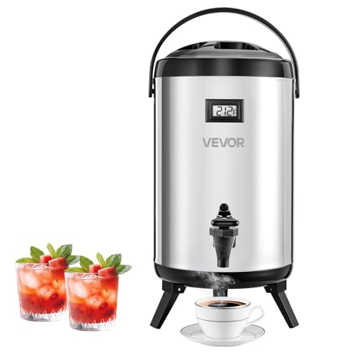 VEVOR Insulated Beverage Dispenser, 2 Gal/7.6L Stainless Steel Thermal Drink Server with Spigot & Temp Display, Suitable for Hot and Cold Drinks, for Tea Coffee Water in Cafes & Restaurants, Silver - size: 2 Gal (1 Pack)