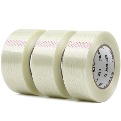 CHUANGSEED 3Pack Mono Filament Strapping Tape 6.2mil x 2Inch x 60yds Commodity Grade Heavy Duty Transparent Reinforced Fiberglass Tape - size: Mono 2" x 60y 3-Pack