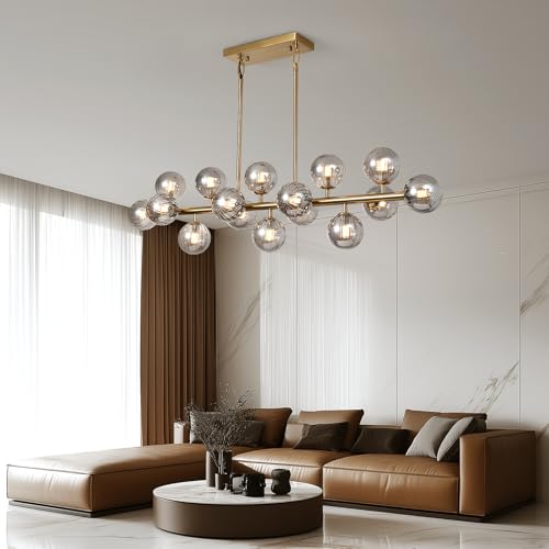 Globe Gold Chandelier Smoke Grey Linear Rectangle Modern Chandeliers Glass Pendant Light Fixture Adjustable for Dining Living Room Kitchen Island 55" - color: Grey-55n