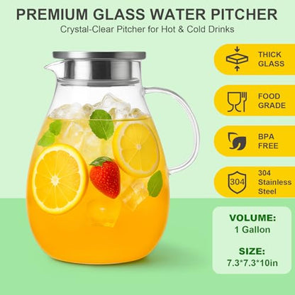 Glass Pitcher with Lid, 1 Gallon / 128oz Glass Water Jug for Hot and Cold Drinks, Iced Tea, Juice, and Beverage Carafe - size: 128 Ounces