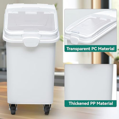 YITAHOME Commercial Rice Container Set of 2, Large Ingredient Storage Bin with Wheels, Lid, Cups & Scoop for Kitchen/Restaurant, 21 & 27 Gallon Bulk Flour Bin, White