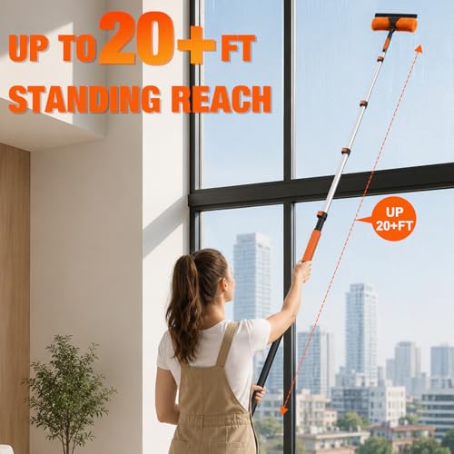 LAANPOLE 26FT Window Squeegee with Extension Pole, 2-in-1 Squeegee for Window Cleaning, Professional Cleaning Kit for Home with 20FT Telescoping Pole for Outdoor Indoor Use - size: 20FT