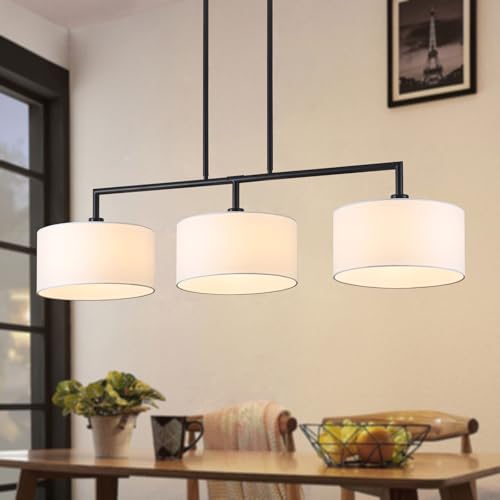 47" W Modern Linear Kitchen Island Pendant Light Fixture 3-Light White Linen Drum Shade Chandelier Black Metal Linear Chandeliers for Dining Room Farmhouse Hanging Light for Living Room, Bar, E26 - color: Black and White