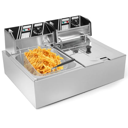 Commercial Electric Deep Fryer, 12L Dual Tank Stainless Steel Countertop Deep Fryer with 2 Baskets & Lids, 5000W Restaurant Deep Fryer with Independent Temperature Control for Restaurant Snack Bar