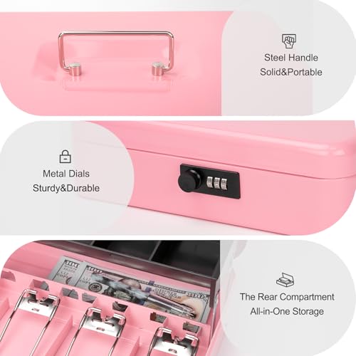 Jssmst Metal Cash Box with Money Tray and Lock, Portable Cash Drawer, 11.8" - color: Pink Code-C