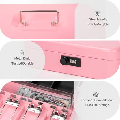 Jssmst Metal Cash Box with Money Tray and Lock, Portable Cash Drawer, 11.8" - color: Pink Code-C