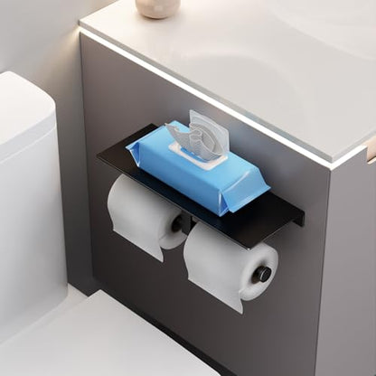 Danpoo Matte Black Toilet Paper Holder with Shelf, Wall-Mounted Bathroom Organizer, Double Roll - color: Black