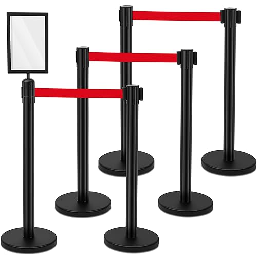 6 Pack Crowd Control Stanchions 9.8 ft Belt Sign Holder, Red Belt, Black - color: Black, size: Red Belt