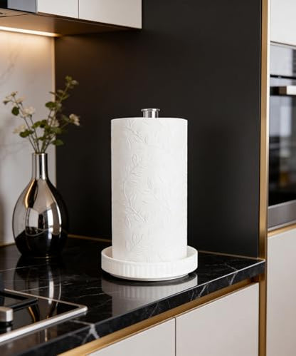 Paper Towel Holder Countertop,Ceramic Base,Fits Double to Family Rolls,D - color: Chic Silver