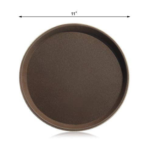 New Star Foodservice Restaurant Grade Non-Slip Serving Tray, 11 Inch Round Brown Plastic Tray with Rubber-Lined Surface, Bar, Catering, Restaurant, and Foodservice Tray