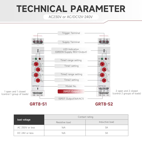 Asymmetric Cycle Timer Relay 1SPDT GRT8-S2 16A AC/DC 12-240V Din Rail - size: GRT8-S2 AC/DC 12V-240V