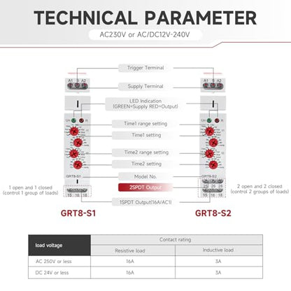 Asymmetric Cycle Timer Relay 1SPDT GRT8-S2 16A AC/DC 12-240V Din Rail - size: GRT8-S2 AC/DC 12V-240V