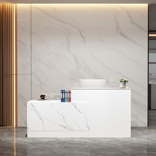 L-Shaped Reception Desk with Lockable Drawers, Adjustable File Cabinet & Keyboard Tray, Modern Front Counter for Office, Salon, or Lobby (Right-L Marble White/White, 86.6''L x 23.6''W x 41.3''H) - color: Right-l Marble White/White, size: 86.6''L x 23.6''W