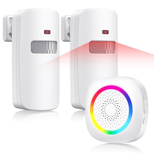 Wireless Motion Sensor Door Chime, Fast Detection PIR Entry Alert(5S Interval Alarm) with 61 Chimes, 5 Volume Levels, RGB Light Indicator, Easy Install for Business, Home, Store, Elderly, Visitors - size: 2 Sensors + 1 Receiver White