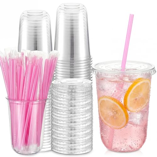 Ziliny 50 Pack 16 oz Plastic Cups with Lids Straws Iced Coffee, Pink - color: Pink, size: 16 oz