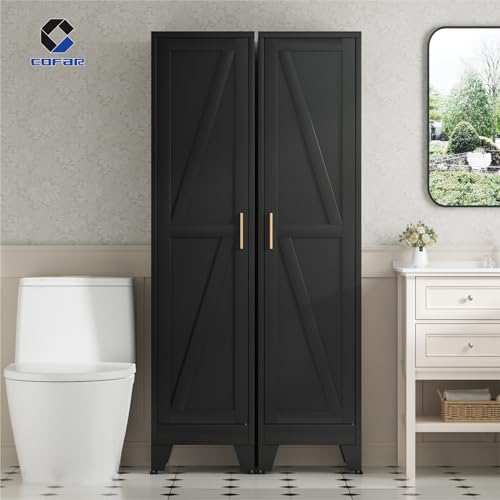 COFaR 67'' Tall Slim Bathroom Storage Cabinet, Metal Narrow Pantry Cabinet with 4 Adjustable Shelves and One Door, Skinny Cabinet Storage for Kitchen Laundry, Black Farmhouse 5 Tiers - color: Black, size: 11.81''D × 15.75''W × 66.93''H-S04