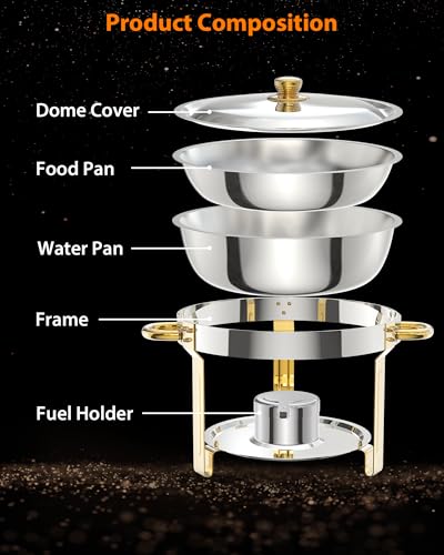 4-Pack 5QT Round Chafing Dish Buffet Set, Stainless Steel