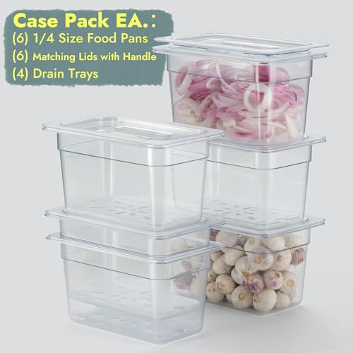 CURTA 6-Pack 1/4 Size 6" Deep NSF Polycarbonate Food Pans with Handled Lids & Drain Trays | Dishwasher & Freezer Safe Clear Container for Prep Tables, Buffet, Salad Bar, Commercial & Home Kitchen - color: 1/4 Size, size: 6" Deep Pan with Lid