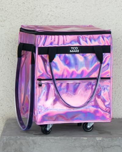 Small Phantom Pink Reusable Grocery Bag on Wheels, Folding Rolling Tote - color: Phantom Pink, size: Small