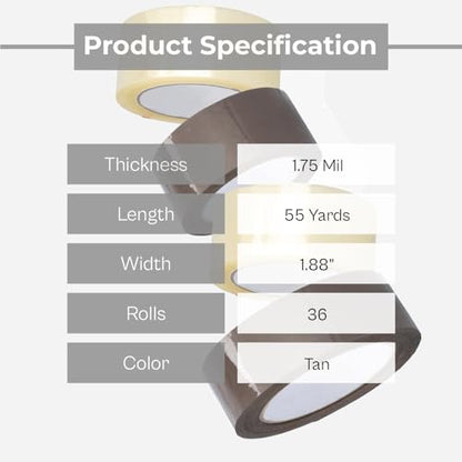 PSBM Brown Packing Tape, 36 Rolls 1.75 Mil 2 Inch 55 Yards Per Roll, Heavy Duty Tape for Packaging, Shipping, Moving & Sealing - color: Brown, size: 1.88" Standard Duty