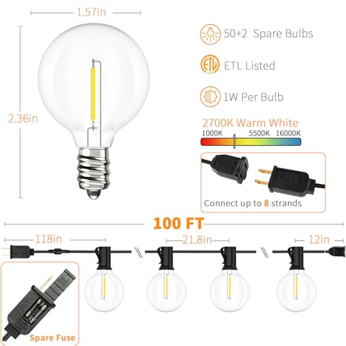 Svater Outdoor String Lights Waterproof 100 FT for Outside Patio 52 Bulbs - size: 100FT