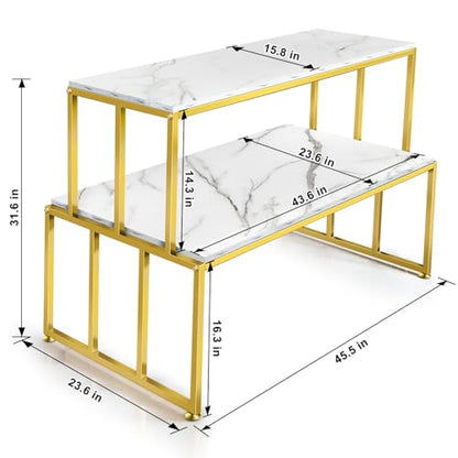 2 Tier Retail Display Table for Shoes & Handbags, Gold Metal and Wood Boutique Display Stand, Heavy Duty Display Riser Shelf for Clothing Stores, Vendor Events, Showroom & Home, 45.2"