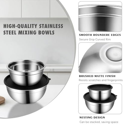 HOOTO Stainless Steel Mixing Bowls with Lids, 5 Pcs Mixing Bowls with Lids Set Included 3 Grater Attachments, Size 4.5, 4, 3.5, 2.1, 1.5QT Mixing Bowl Set for Baking and Serving (Black, 5 Pack)