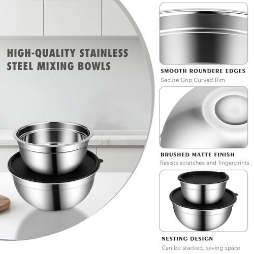 HOOTO Stainless Steel Mixing Bowls with Lids, 5 Pcs Mixing Bowls with Lids Set Included 3 Grater Attachments, Size 4.5, 4, 3.5, 2.1, 1.5QT Mixing Bowl Set for Baking and Serving (Black, 5 Pack)