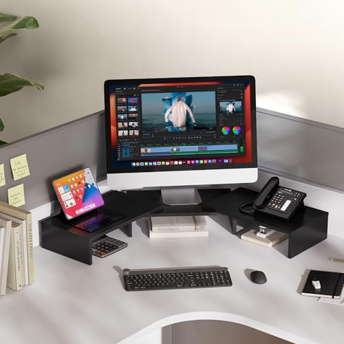 FITUEYES Dual Monitor Stand Riser, Adjustable Length and Angle, Black - color: Black