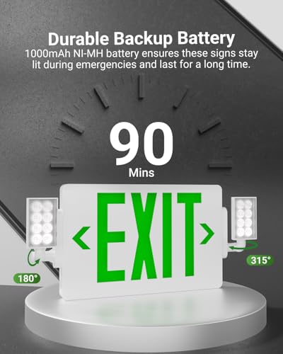 Sunco 24 Pack Green LED Exit Sign with Emergency Lights, Two Adjustable Head Lights, Backup Battery, 94V-0 Fire Resistant, 120-277V, Wall or Ceiling Mount, Commercial Grade, UL - size: 24 Pack