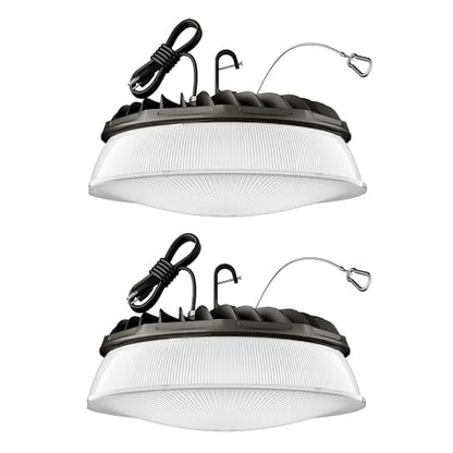 Elaruslux 200W 2 Pack UFO LED High Bay Light with Diffuser 28,000lm 5000K LED High Bay Lights AC110-277V 5' Cable with Plug Waterproof UFO Lights for Garage Shop Gym Factory - size: 2 Pack