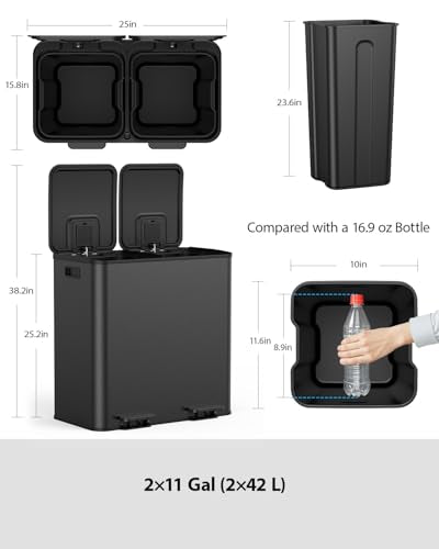 Lovewind Dual Trash and Recycling Bins for Kitchen, 2 * 11-Gallon Stainless Steel Double Trash Can, Step-On Garbage and Recycle Combo, Quiet Close, Pet-Proof, Compatible with 13-Gallon Bags, Black - color: Black, size: 2 x 11 Gallon