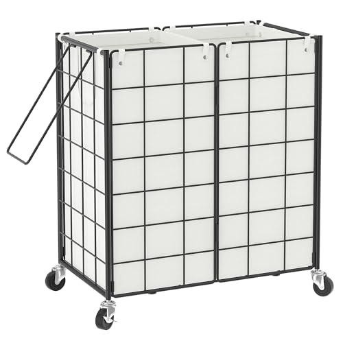 WOWLIVE Double Laundry Hamper with Wheels, Metal Rolling Laundry Basket - color: Black and White, size: 120l