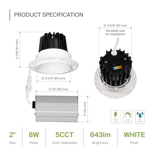ASD 2 Inch Trimless LED Recessed Ceiling Light Fixture, Mud-in Canless Downlight with Junction Box, 5CCT Selectable 2700K-5000K, 8W 643 Lumens, CRI90+, Anti-Glare, Dimmable, IC & Wet Rated, ETL - color: White 1 Pack, size: 2" 8 Watt