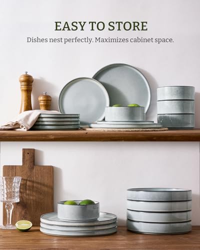 Famiware Annecy 16-Piece Dinnerware Set with Pasta Bowls, Grey Blue - color: Grey Blue, size: Service for 4 (Include Pasta Bowls)