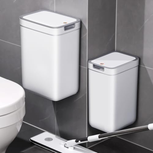 funest 2 Pack Slim Wall Mount Trash Can with Lid, No Drill Hanging Small Garbage Bin for Bathroom Kitchen, Dual Use Floor Standing Narrow Odor Block Press Top Waste Basket for RV Office Bedroom